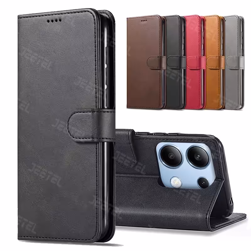 کیف چرمی Xiaomi Redmi Note 13 Pro 4G مدل لپ تاپی جاکارتی دار (محافظ لنزدار)
