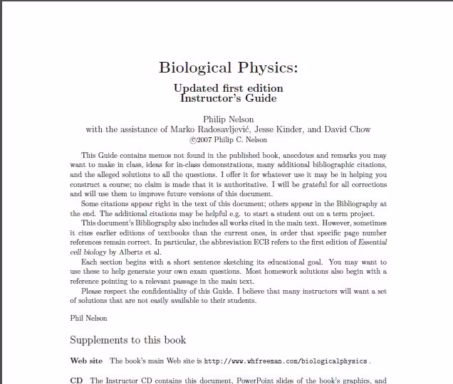 خرید و دانلود نسخه کامل کتاب Solution Manual   all instructorresources of Biological Physics: with New Art by David Goodsell