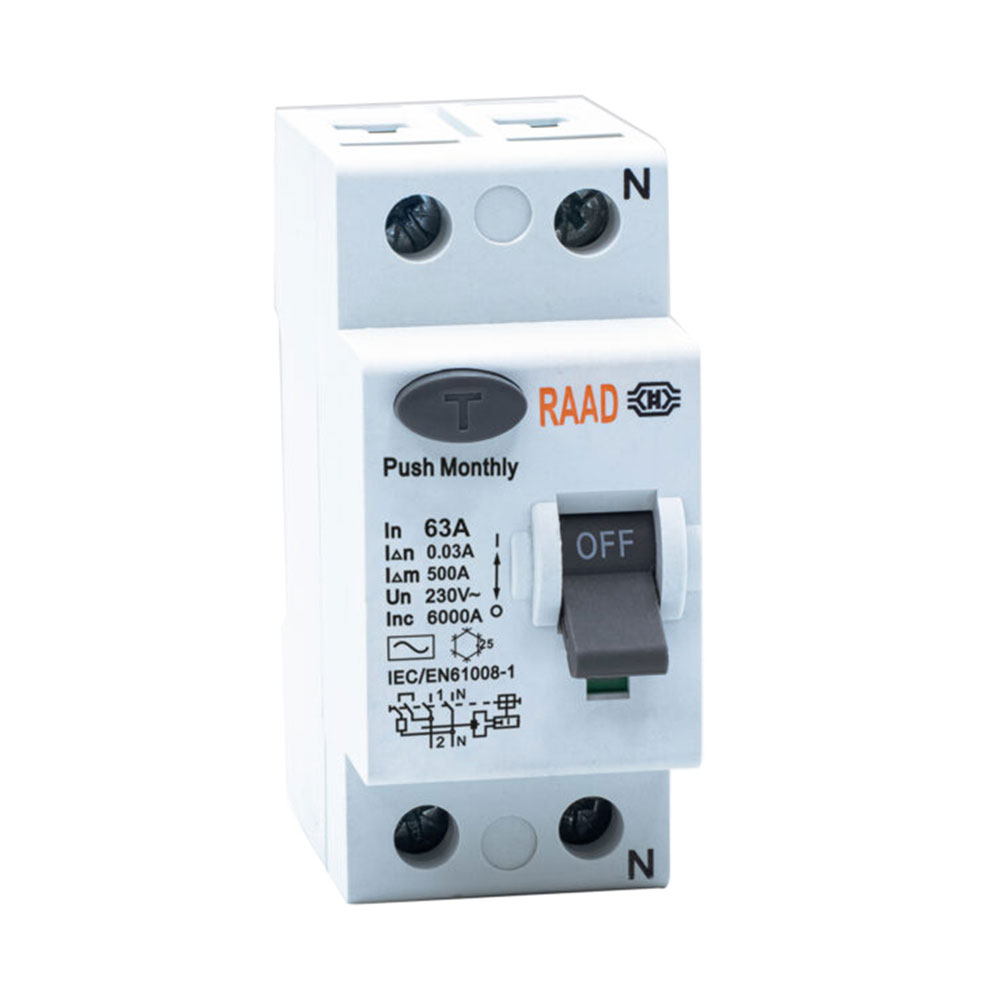 کلید محافظ جان 2 پل 63 آمپر RBRC-2P-63A-6kA رعد