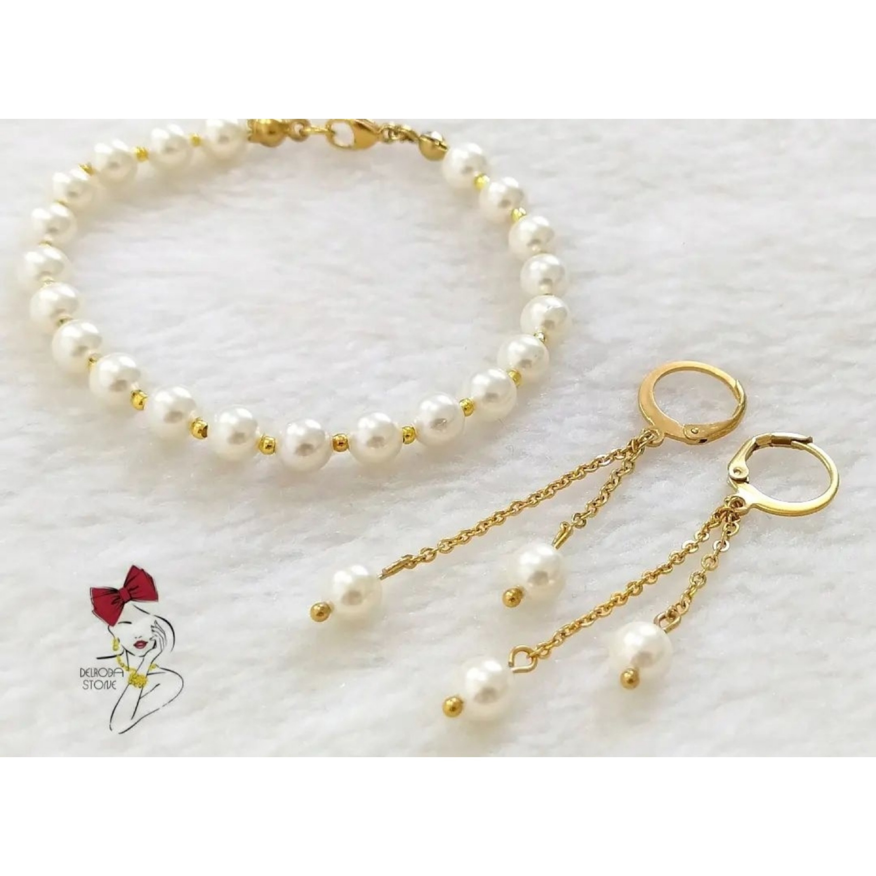 دستبند و گوشواره با مروارید شل. استیل و رنگ ثابت. مروارید شل براقه و پوست نمیشه