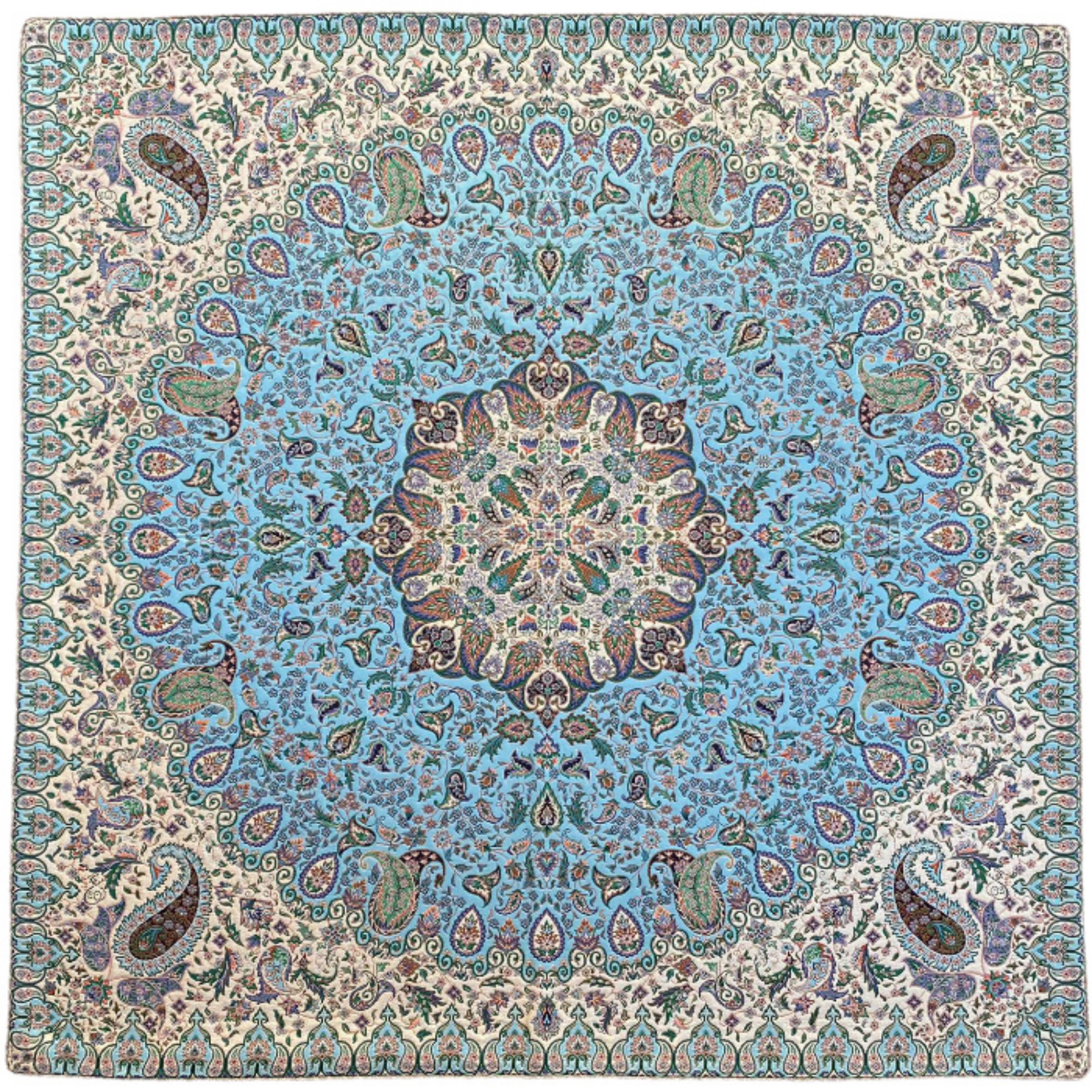 رومیزی مربع ترمه ابریشم کد TRM185 نفیس رنگ سبزآبی آستر سبزآبی مغزی دوزی