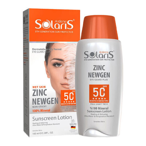 آردن سولاریس لوسیون ضد آفتاب بی رنگ التیام بخش spf 50 پوست حساس 100 میل ZINC