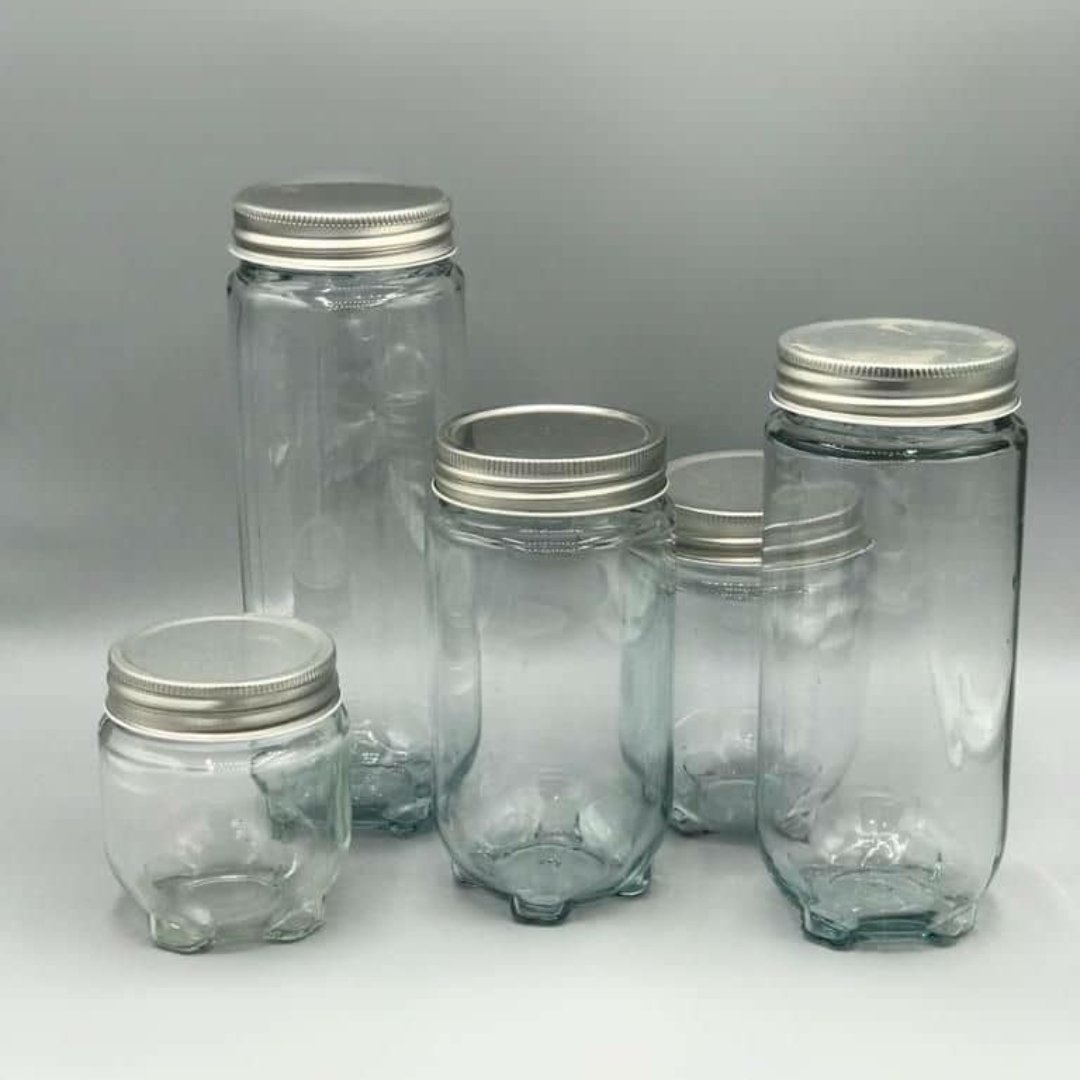 🌹5 پنج 🌹عدد شیشه جار از سایز یک الی پنج با درب کانتینری المینیومی کاملا بهداشتی در دو طرح چهار گوش و گرددر پنج سایز 