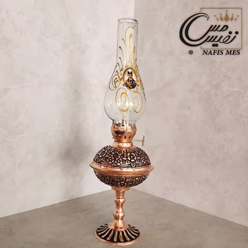 چراغ گرد سوز مسی طرح قاجاری رزگلد