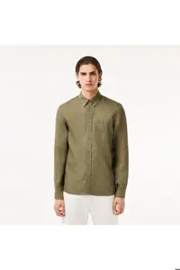 پیراهن / بلوز دکمه دار سبز مردانه کتانی لباس معمولی اورجینال Lacoste