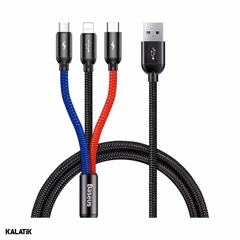 کابل تبدیل Type-A به لایتنینگ/Micro USB/USB Type-C باسئوس مدل CAMLT-ASY01 به طول 30 سانتی متر