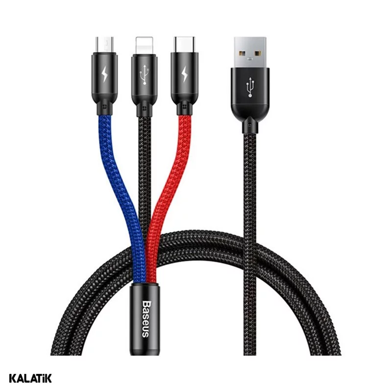 کابل تبدیل Type-A به لایتنینگ/Micro USB/USB Type-C باسئوس مدل CAMLT-ASY01 به طول 30 سانتی متر