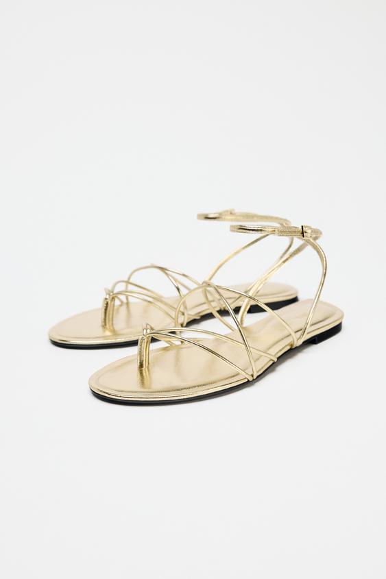 صندل زنانه زارا GOLD STRAPPY FLAT SANDALS | تهران زارا TehranZara