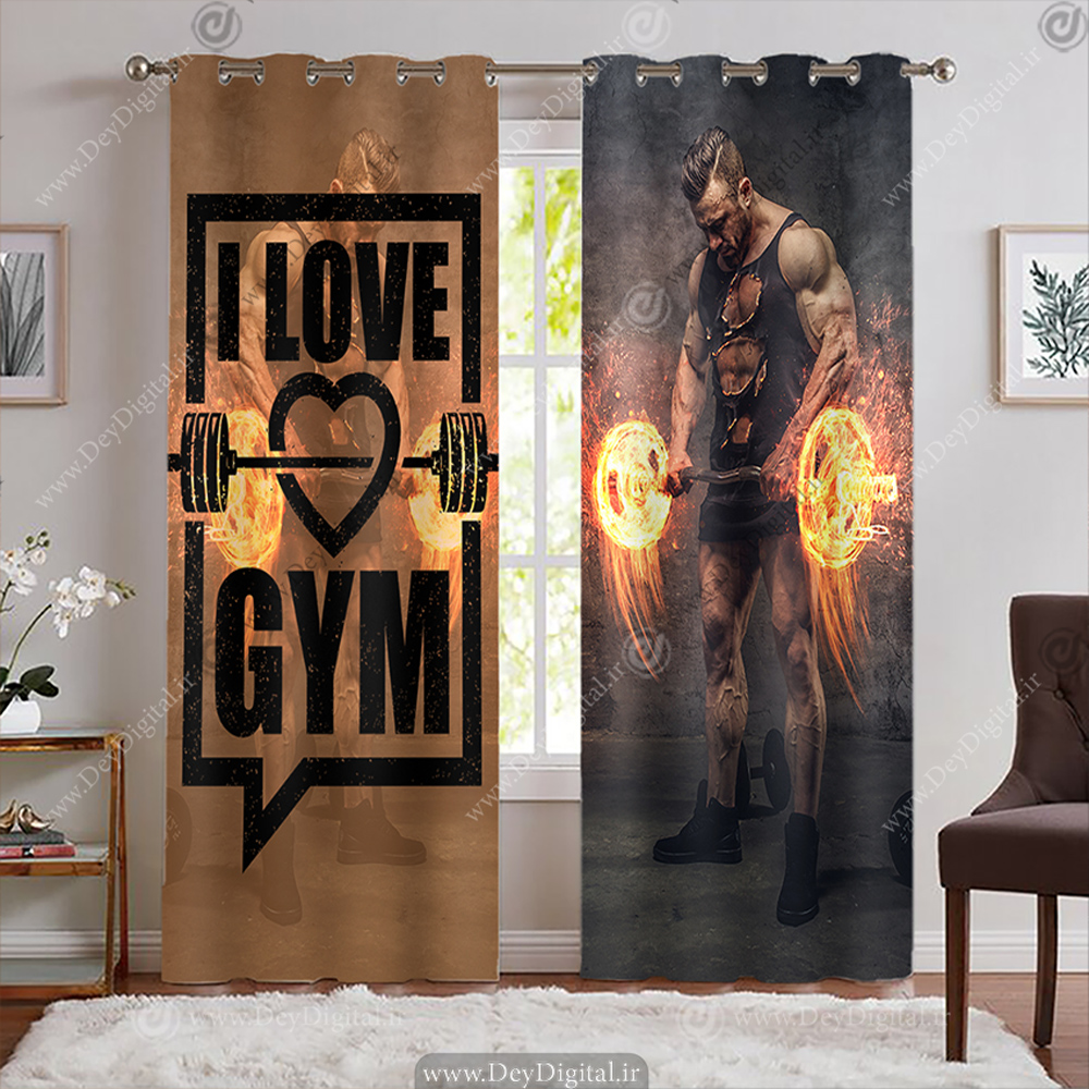 پرده چاپی طرح بدنساز با هالتر آتشین و عنوان من عاشق باشگاهم BA-4339-s