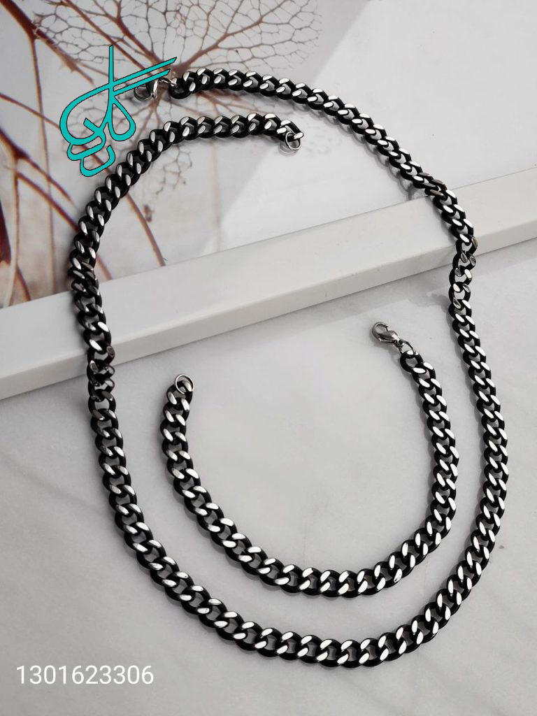 خرید ست گردنبند و دستبند استیل سیاه قلم کیفیت عالی کد 1815180 - ردگل