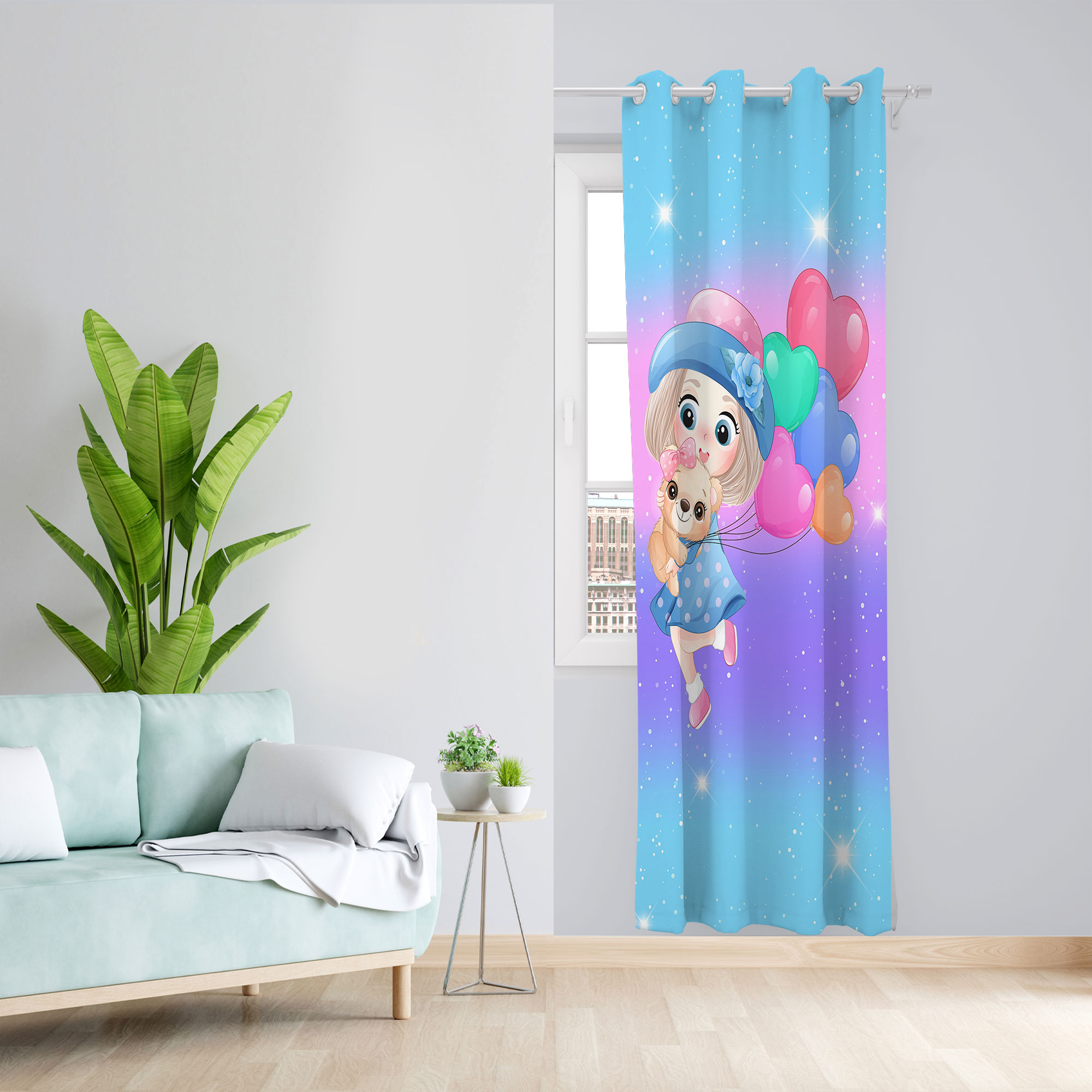 پرده مدل دختر و بادکنک مخمل پانچی کد 4666 سایز 140x280 سانتی متر