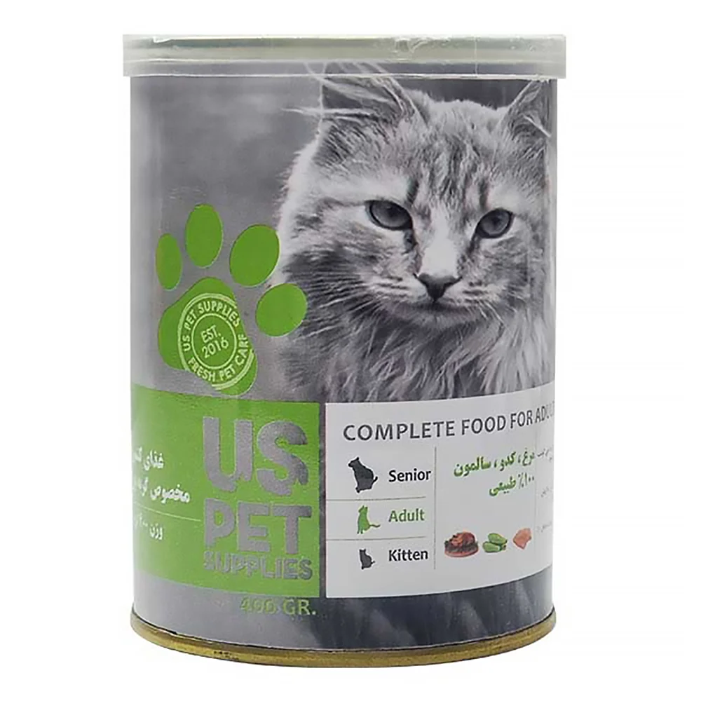 کنسرو گربه برند یو اس پت US PET مدل طعم مرغ و سالمون، کدو وزن 400 گرمی