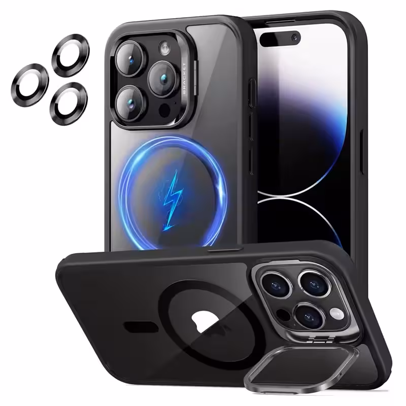 قاب اورجینال IPHONE 15 Pro مگ سیف دار مدل Metal Stand   محافظ لنز رینگی ست
