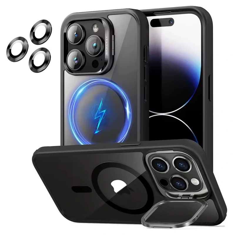 قاب اورجینال IPHONE 15 Pro مگ سیف دار مدل Metal Stand   محافظ لنز رینگی ست