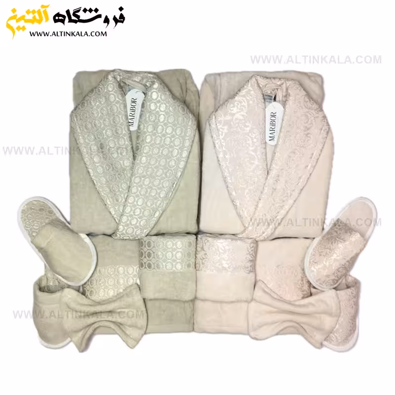 سرویس حوله عروس و داماد 12تکه یقه ابریشم برند MARIBOR