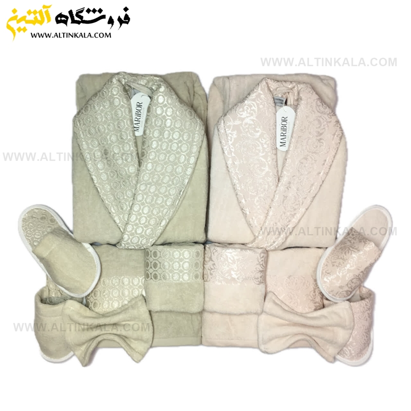سرویس حوله عروس و داماد 12تکه یقه ابریشم برند MARIBOR