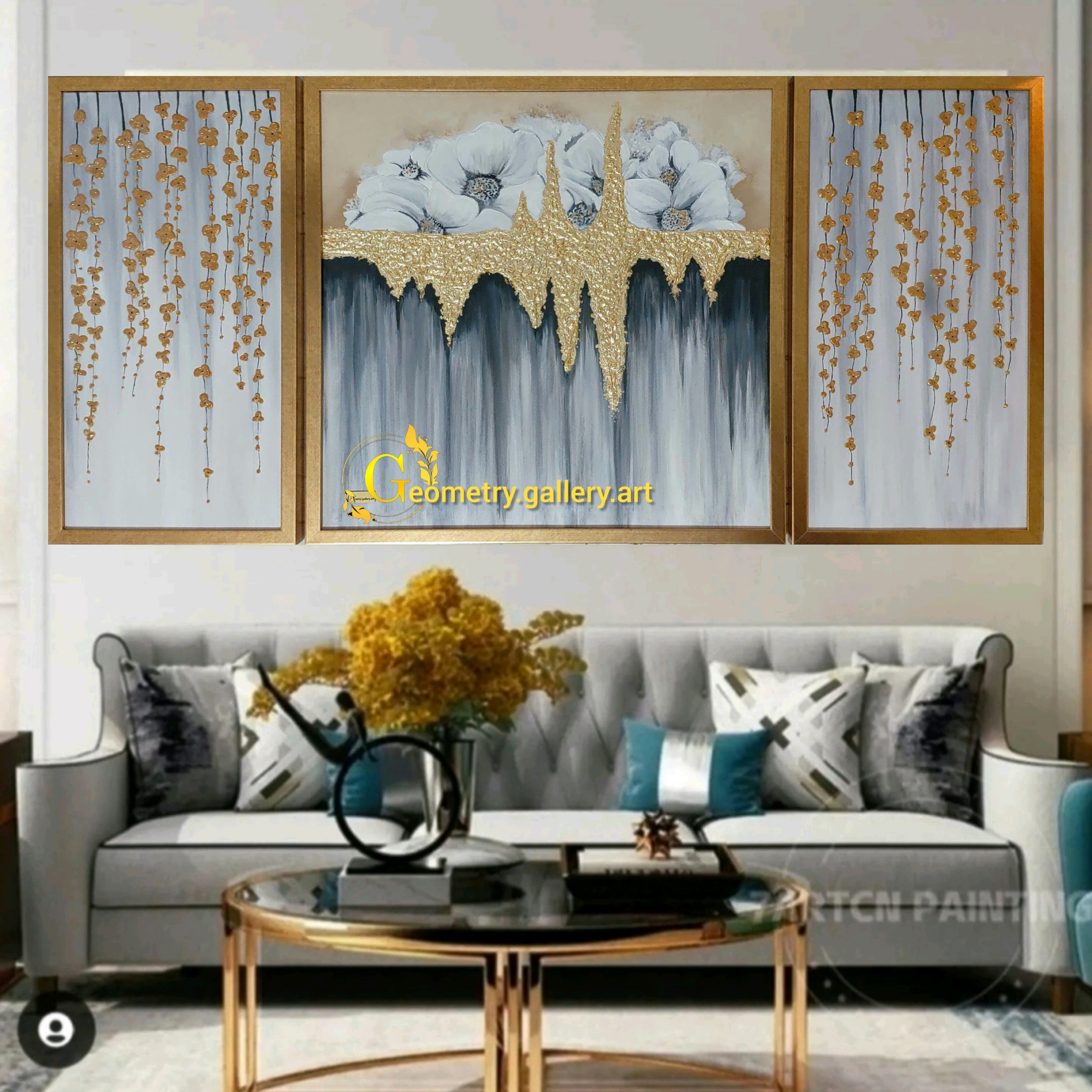 تابلو  دستساز  سه تیکه طوسی طلایی طرح گل آبشار طلایی کاملا  بر جسته به همراه قاب