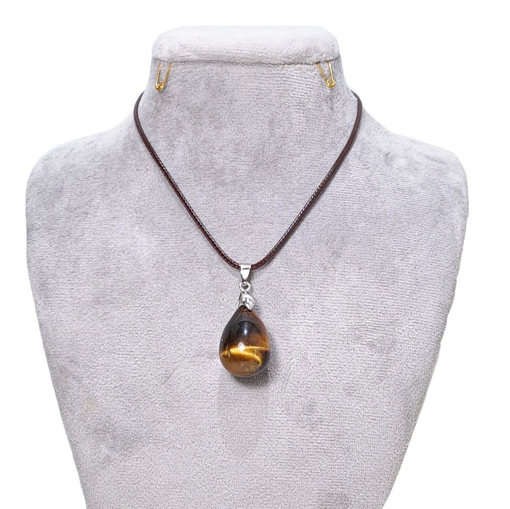 گردنبند زنانه و مردانه سنگ چشم ببر اصل قهوه ای و بند چرم