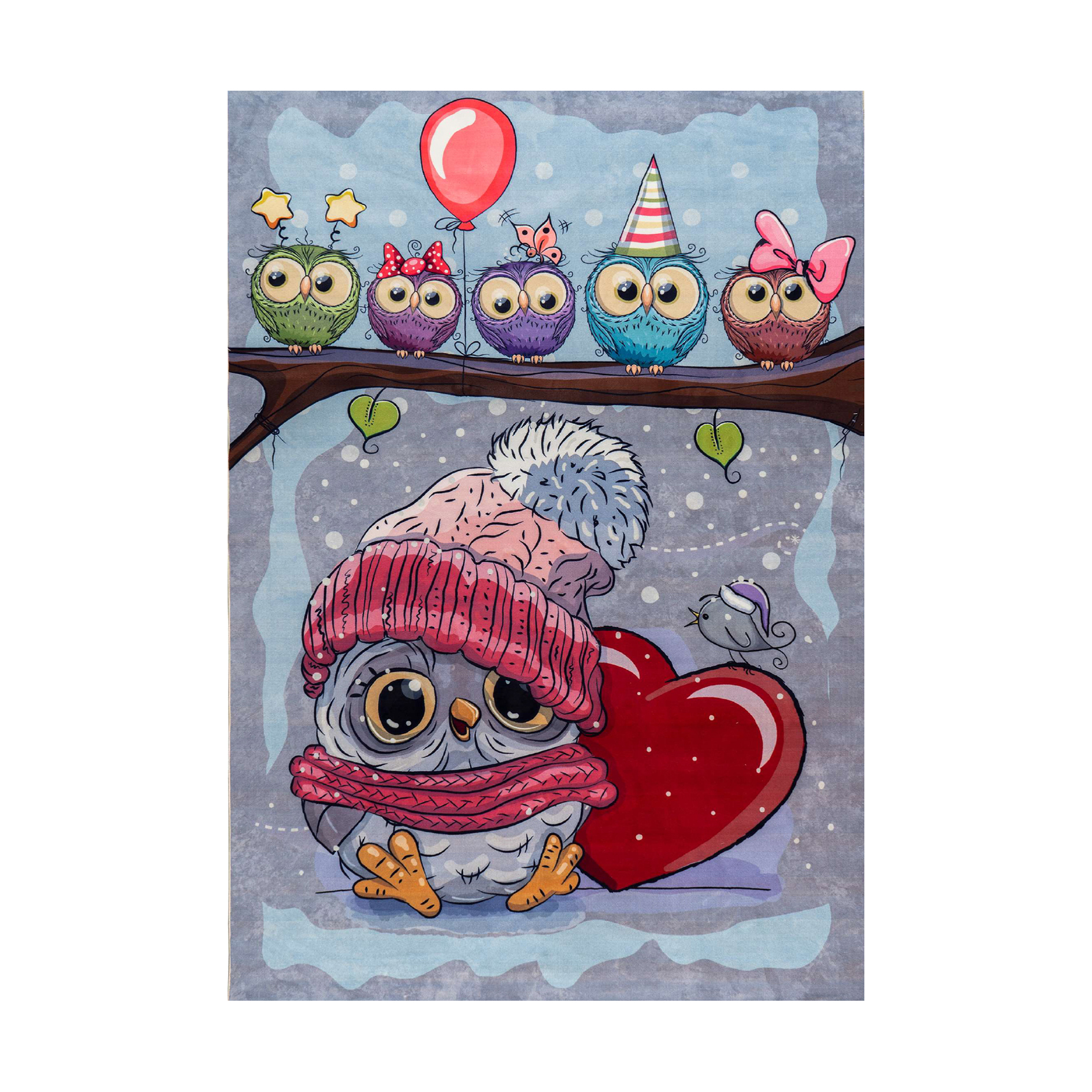 فرش ماشینی زانیس مدل اتاق کودک طرح جغدهای فانتزی زمینه طوسی