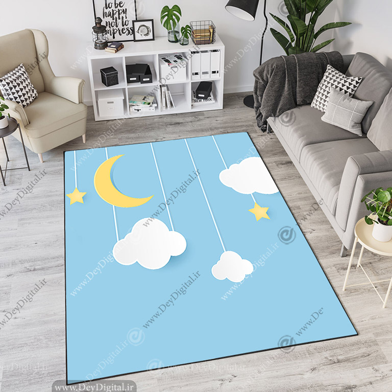 فرش چاپی طرح ماه و ابر و آسمان آبی pk-3301