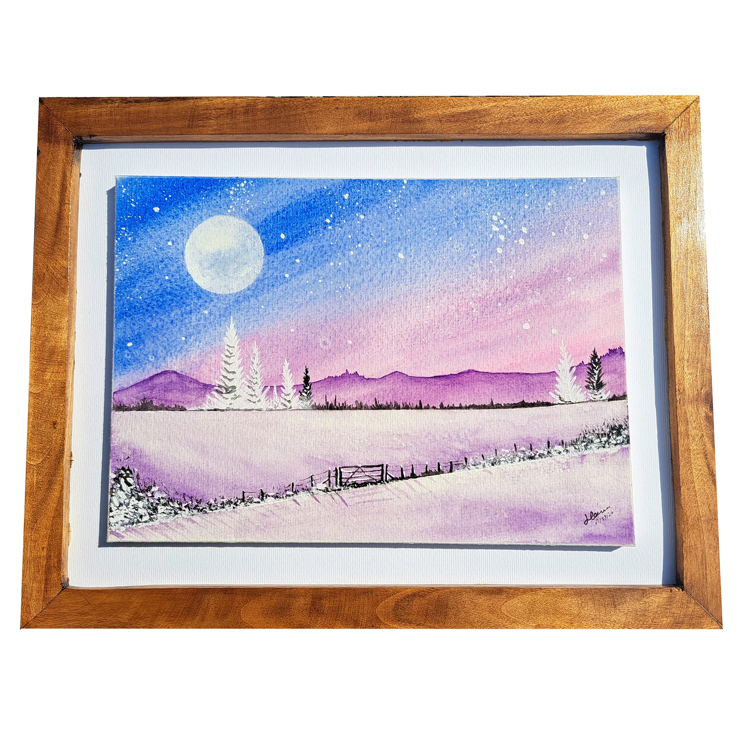 تابلو نقاشی آبرنگ طرح برف و ماه کد M3214