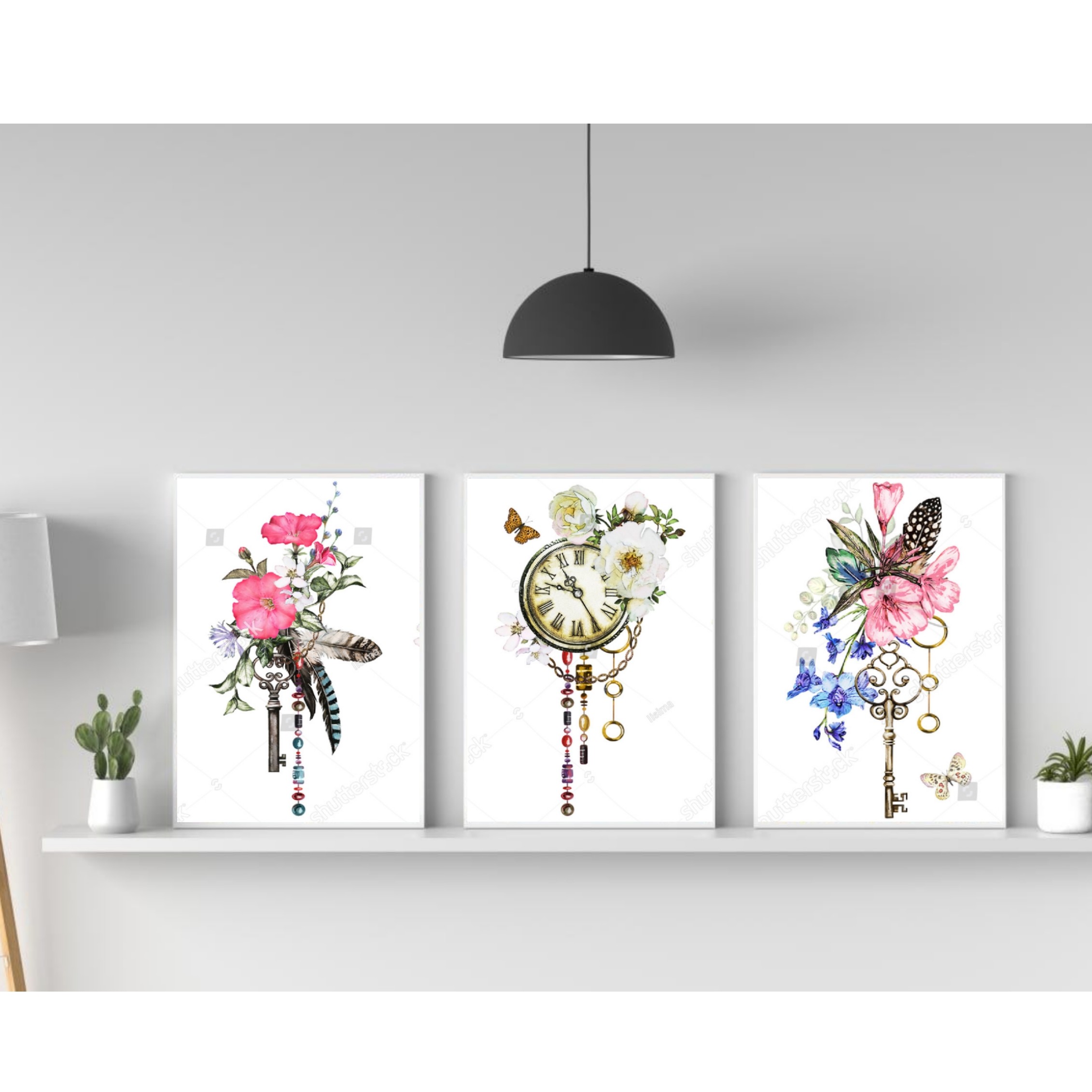 تابلو دکوراتیو فانتزی طرح ساعت وگل رنگی سه تکه 