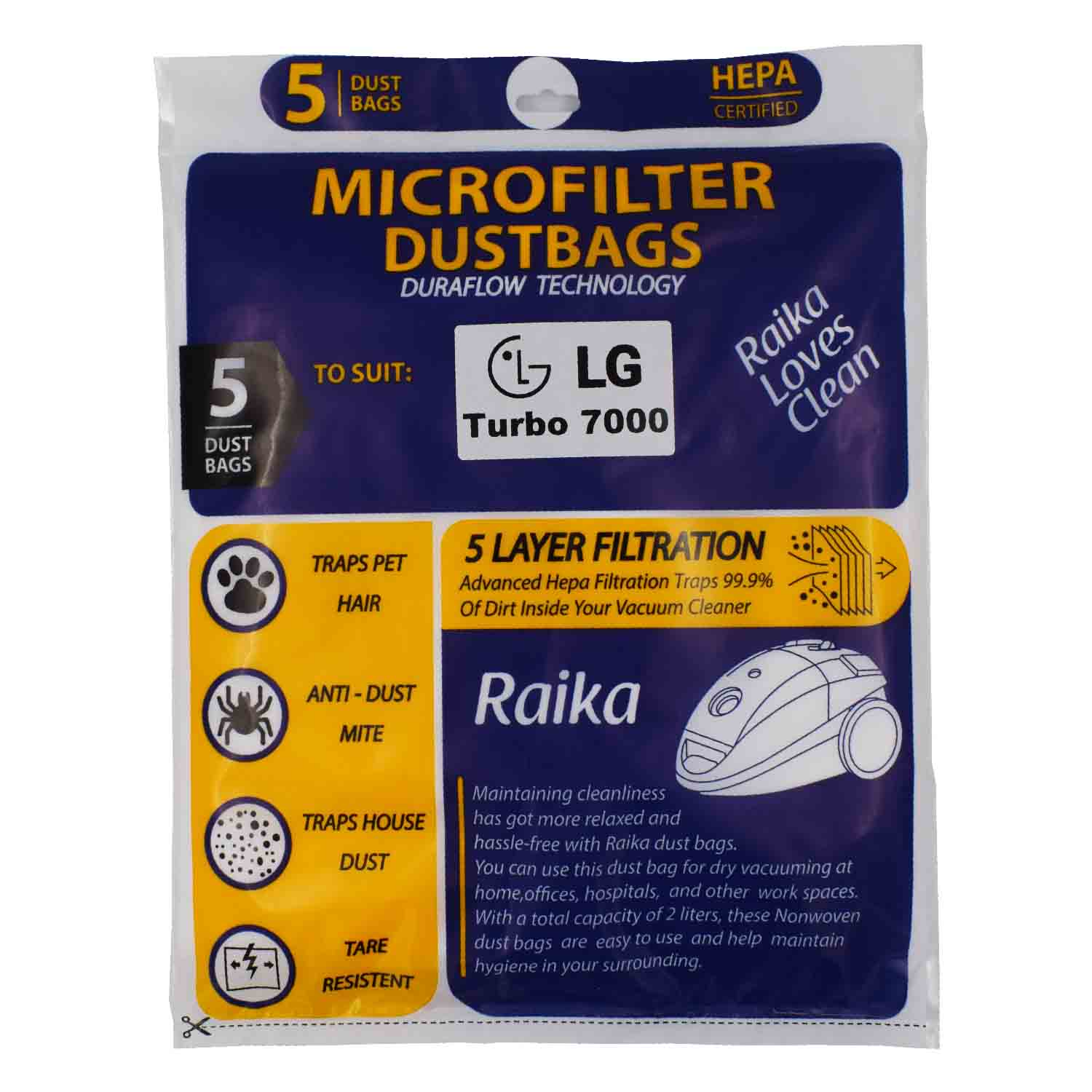 پاکت جاروبرقی رایکا مدل 01 مناسب LG 7000 بسته 5 عددی 