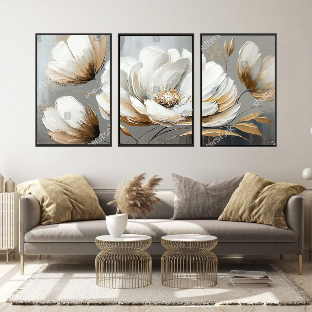 تابلو دکوراتیو طرح نقاشی گل طلایی وسفید سه تکه 