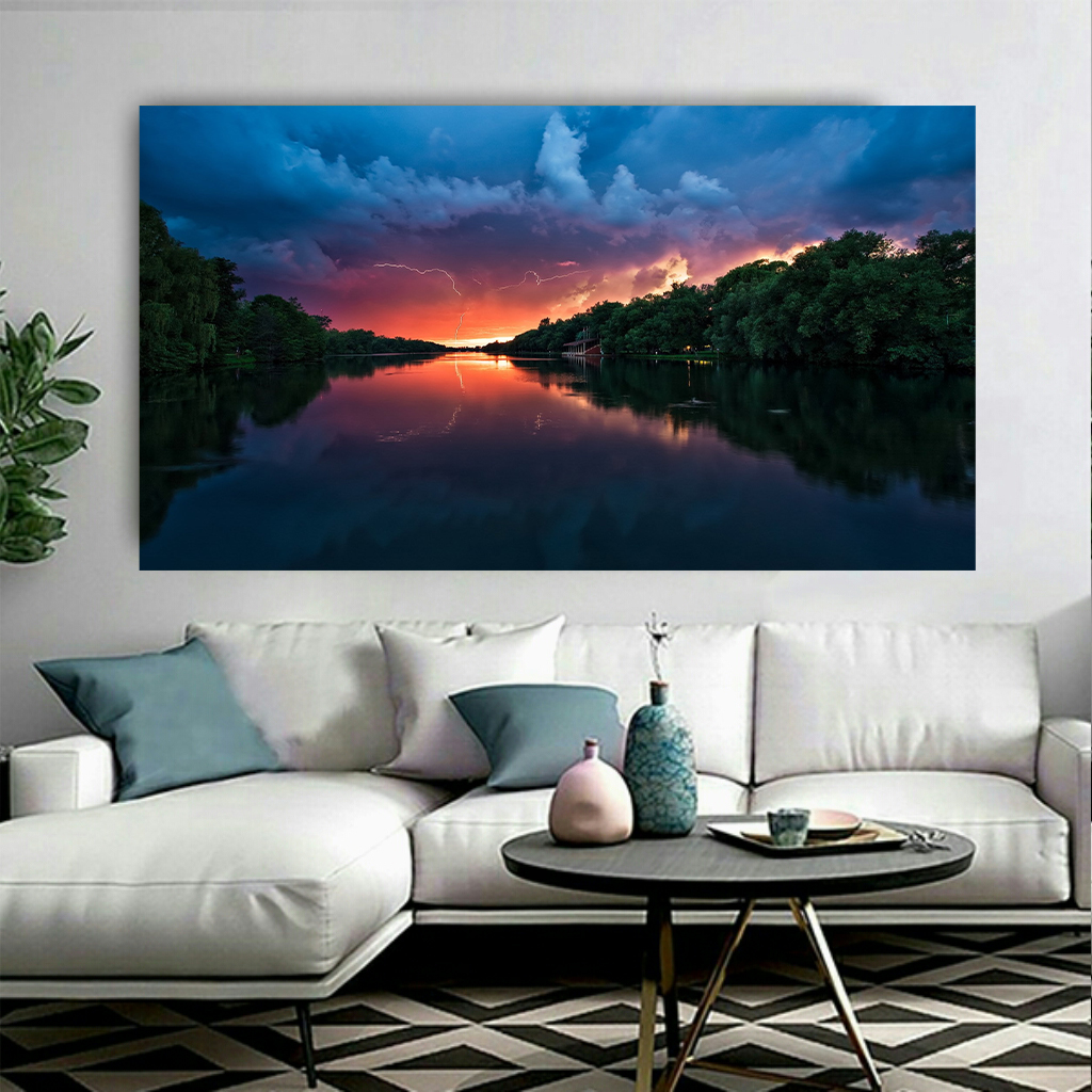 تابلو بوم طرح طبیعت مدل غروب و انعکاس رودخانه کد AR6570