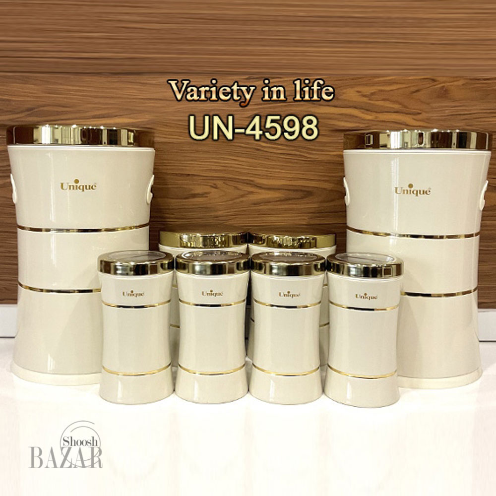 سرویس پاسماوری 8پارچه کمر باریک خطی کرم طلایی یونیک 4598