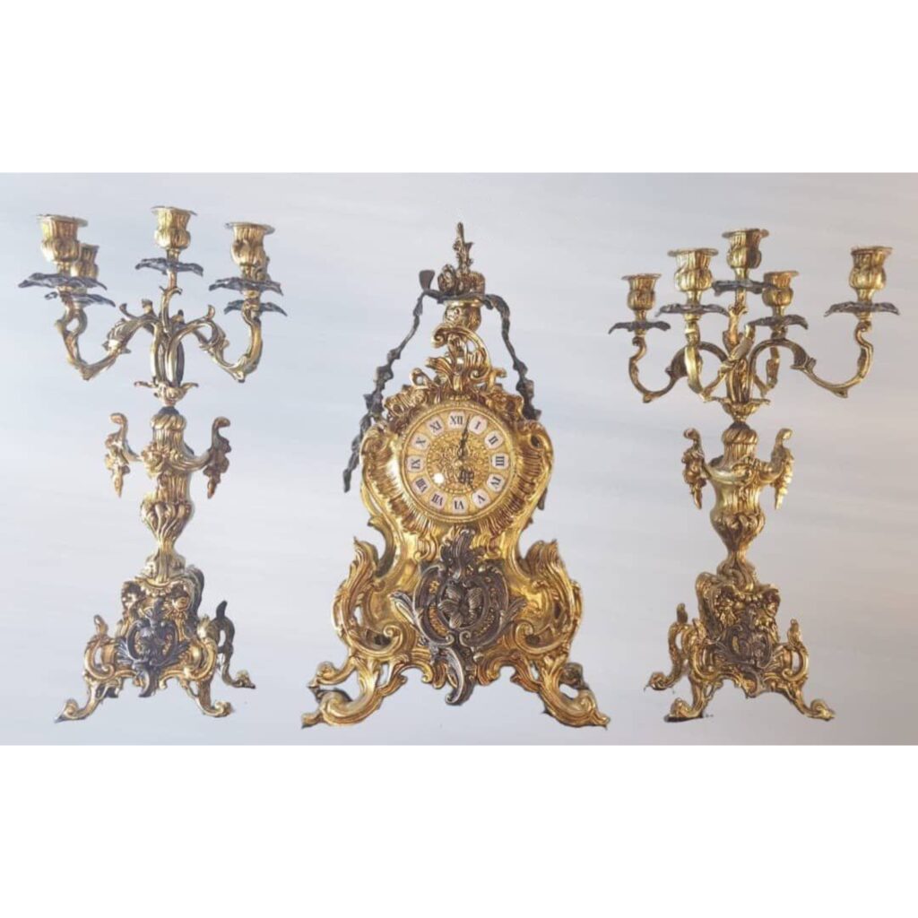 ساعت و شمعدان شیک آنتیک برنز و طلایی - ترنم گالری