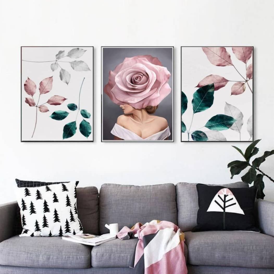 تابلو دکوراتیو فانتزی طرح گل و برگ صورتی سه تکه 