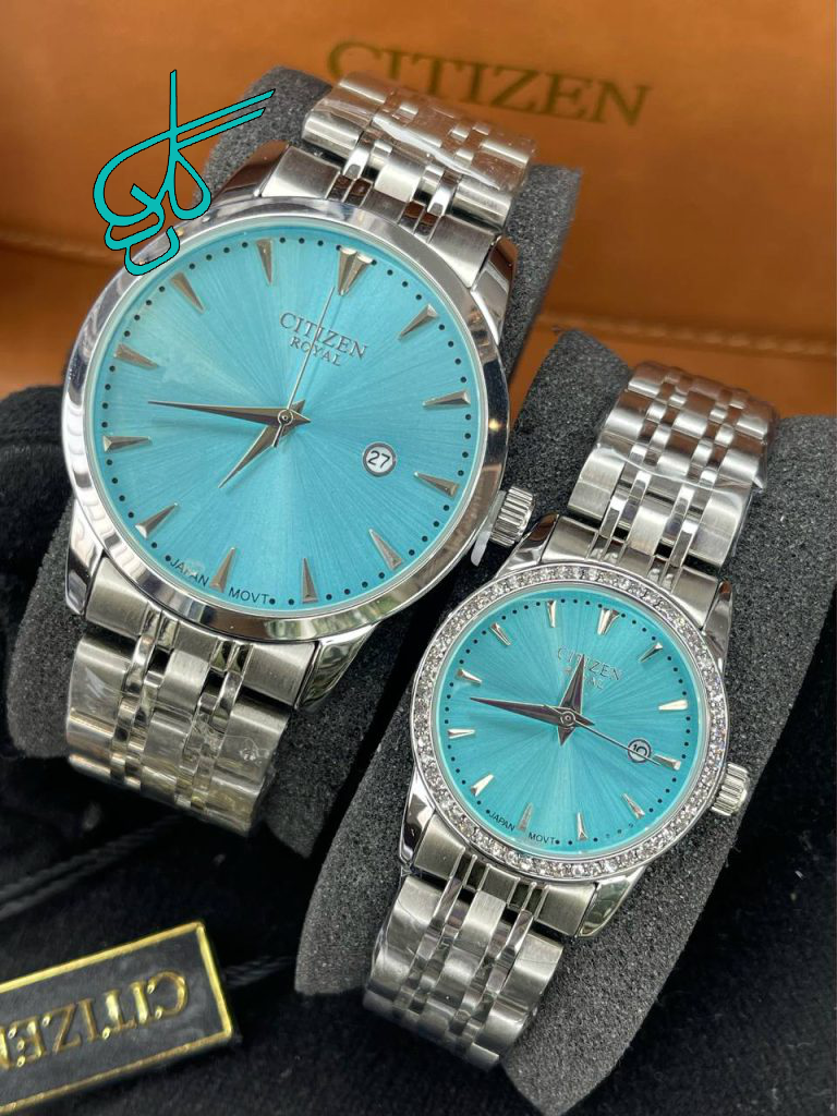 خرید ست ساعت زنانه و مردانه سیتیزن رویال موتور ژاپن رنگ ثابت بند سیلور صفحه آبی ضد حساسیت مقاوم در برابر آب کد 2115826 - ردگل