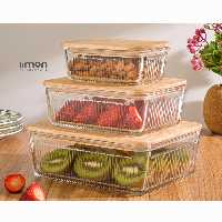 ست ظروف شیشه ای مستطیل شیاردار درب چوبی لیمون