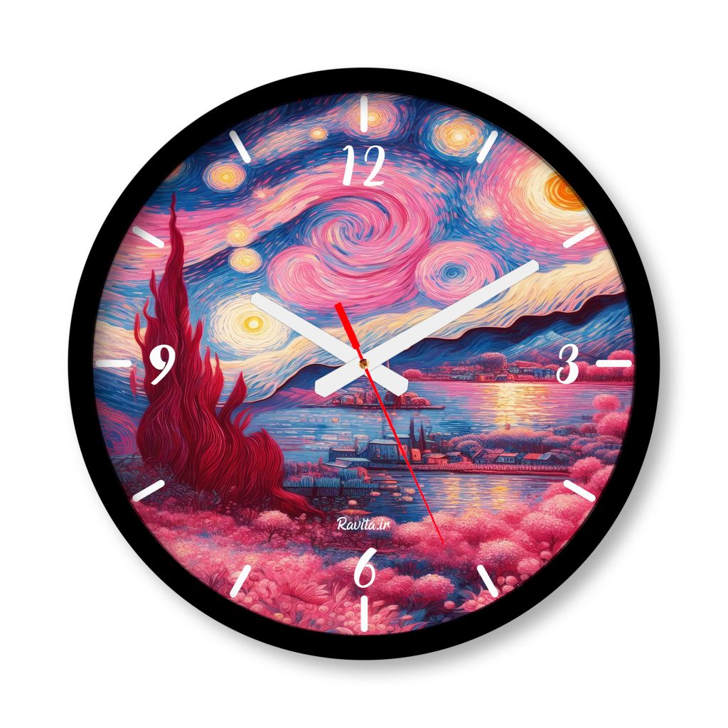 ساعت دیواری بزرگ راویتا طرح ون گوک صورتی - Pink Van Gogh کد 3670