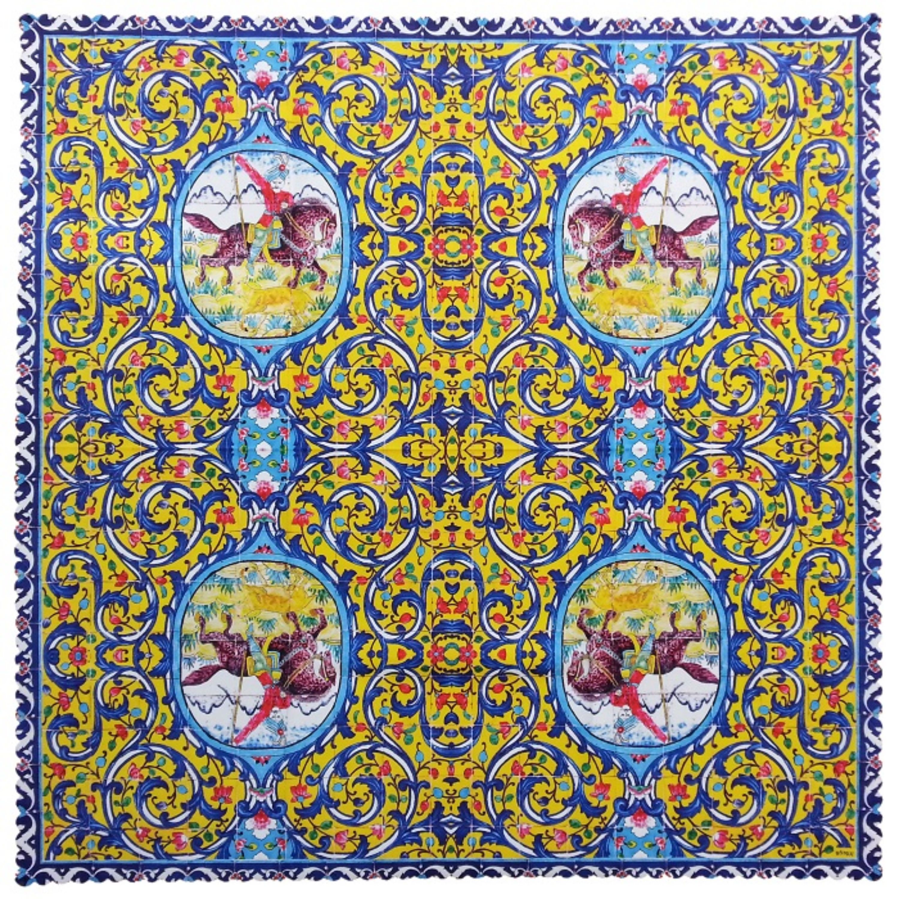 رومیزی مخمل کوبیده جنس و رنگ عالی کد MAKHMOR3  طرح کاشی  رنگ زرد  بدون آستر