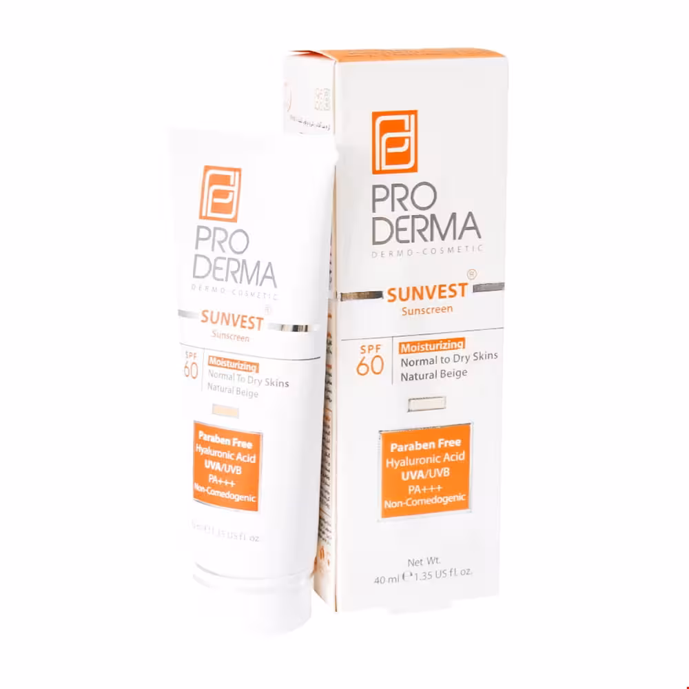 کرم ضد آفتاب SPF60 مرطوب کننده مناسب برای پوستهای معمولی و خشک با رنگ بژ طبیعی پرودرما 40 میلی لیتری