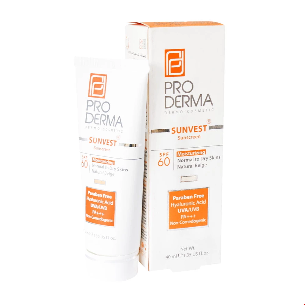 کرم ضد آفتاب SPF60 مرطوب کننده مناسب برای پوستهای معمولی و خشک با رنگ بژ طبیعی پرودرما 40 میلی لیتری
