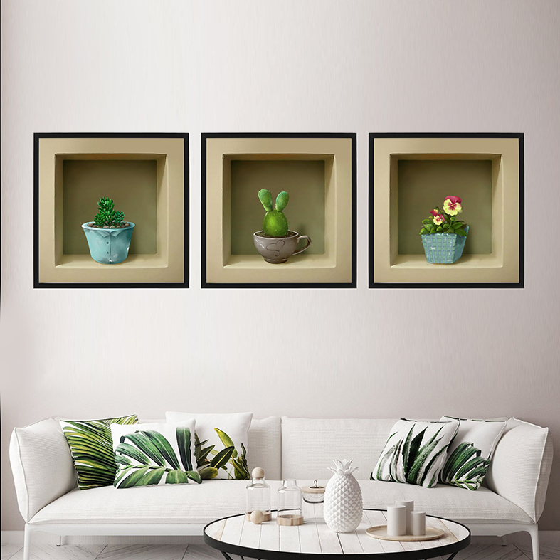 تابلو دکوراتیو طرح کاکتوس و گلدان مدل skb005 مجموعه 3 عددی
