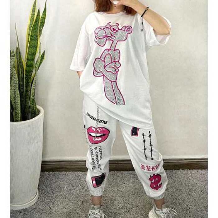 ست تیشرت لانگ و شلوار پلنگ صورتی