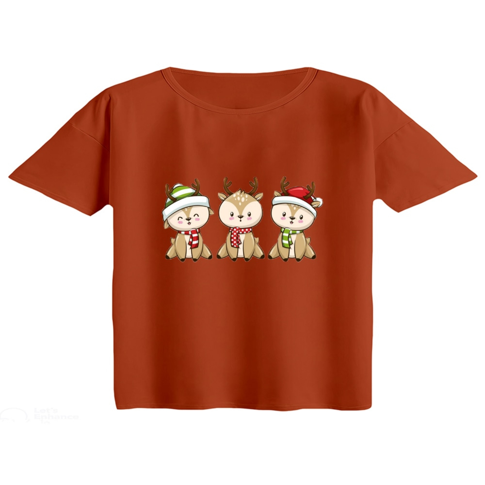 کراپ تی‌شرت آستین کوتاه زنانه مدل گوزن کریسمس کد 14 رنگ آجری تیره