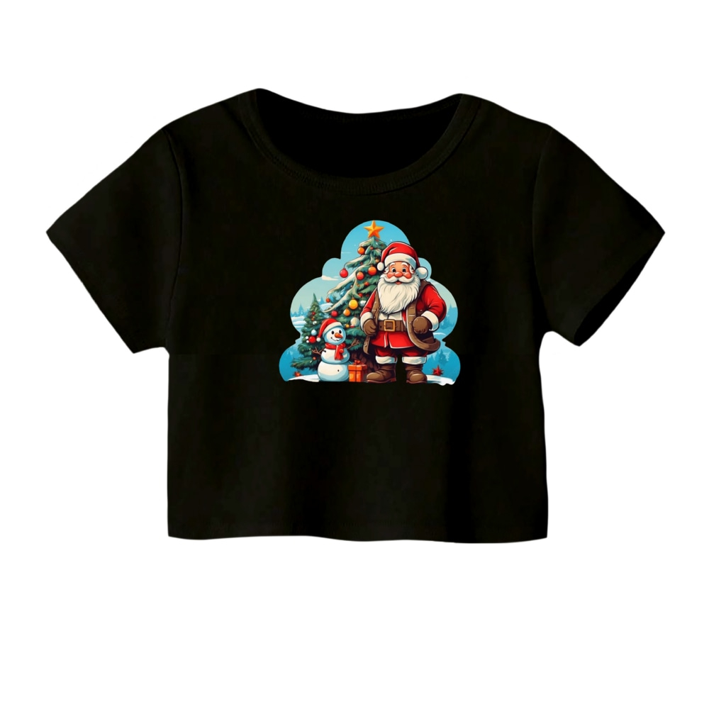 کراپ تیشرت آستین کوتاه زنانه مدل بابانوئل کریسمس کد 51 رنگ مشکی