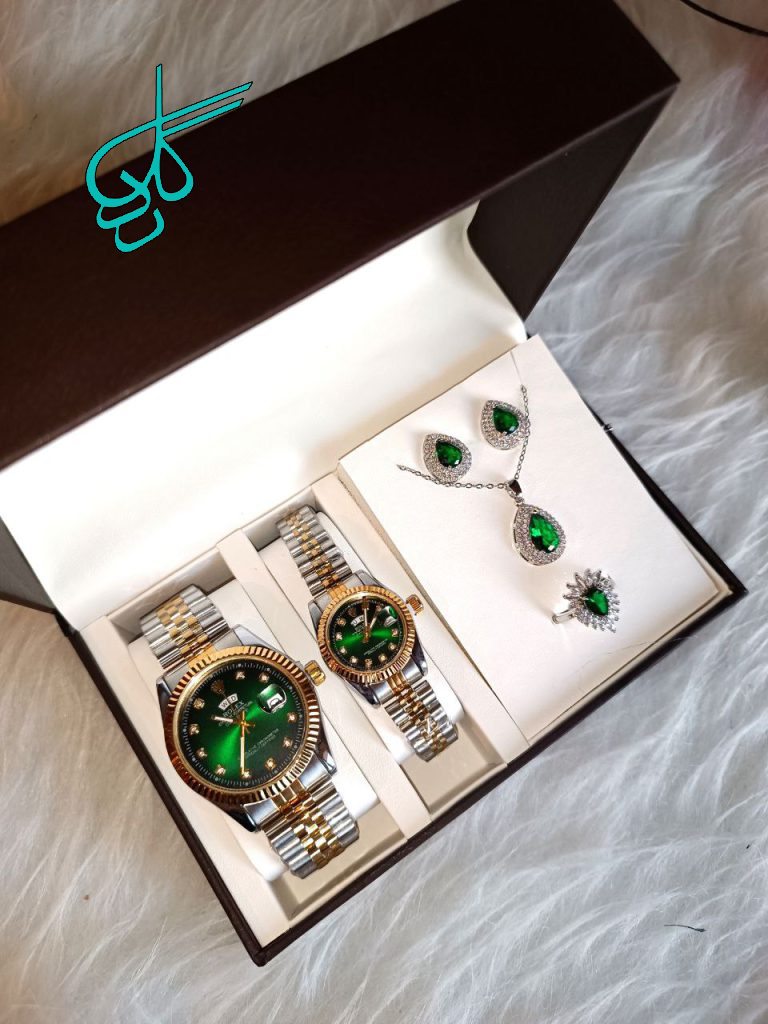 خرید ست اکسسوری دونفره شامل ست ساعت رولکس و نیمست و انگشتر سبز با کیفیت کد 1815689 - ردگل
