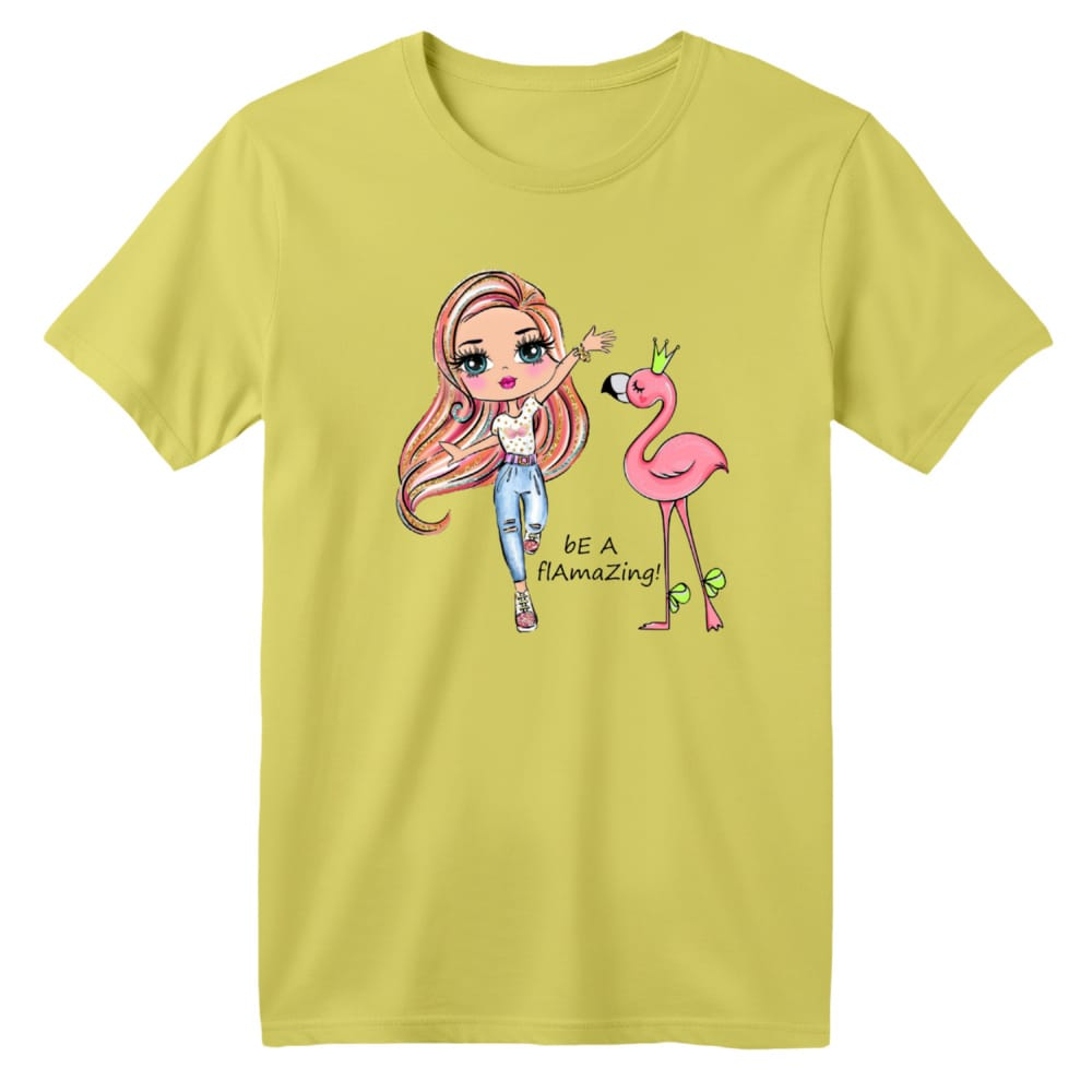 تی شرت آستین کوتاه بچگانه مدل دختر و فلامینگو رنگ زرد لیمویی