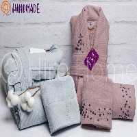 حوله ست دو نفره HANDMADE رنگ نقرابی و کالباسی