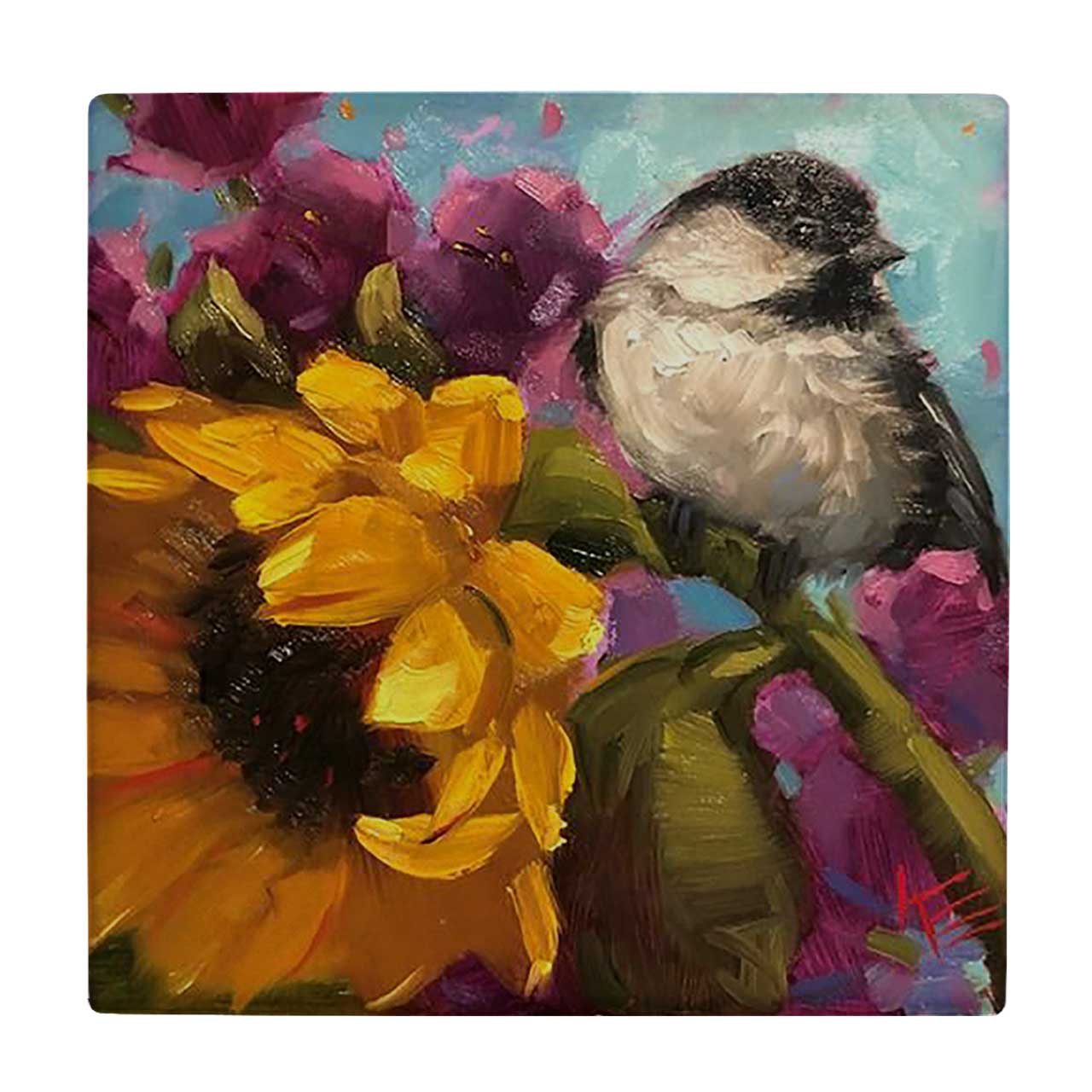 زیر لیوانی  طرح نقاشی پرنده و گل آفتابگردان کد    6167401_5506