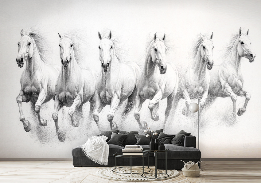 پوستر دیواری طرح نقاشی گله اسب های سفید HQ-3367