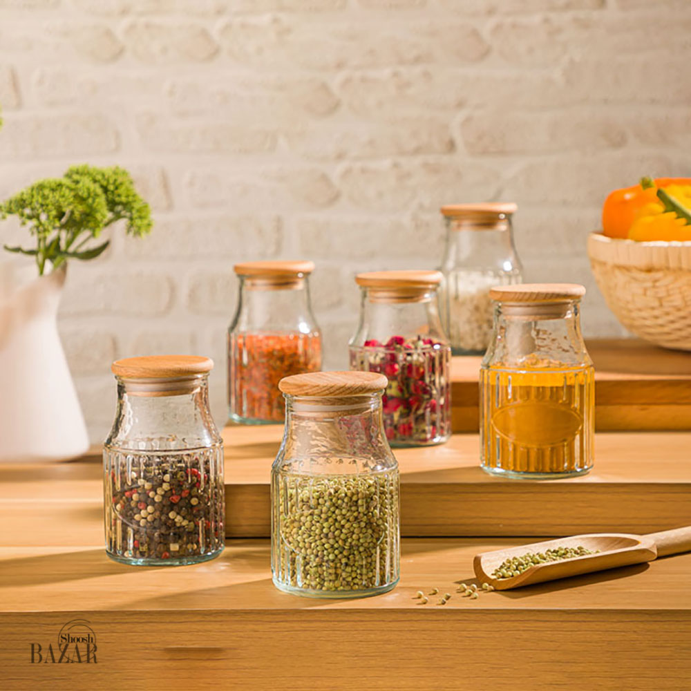 بانکه ادویه شیشه ای 230 سی سی در چوبی لیمون کد 2264