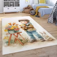 فرش چاپی طرح پسربچه و عروسک با گلدان پر از گل HQ-3249