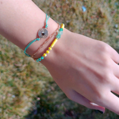 دستبند سه لاین بندی زنجیری سبز و زرد